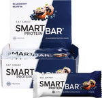 Blueberry Muffin Smart Protein Bar 60g pack of 12 with a single bar and muffin illustration on a blue background.