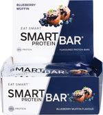 Blueberry Muffin Smart Protein Bar 60g display box with individual blue and white wrappers on a white background.