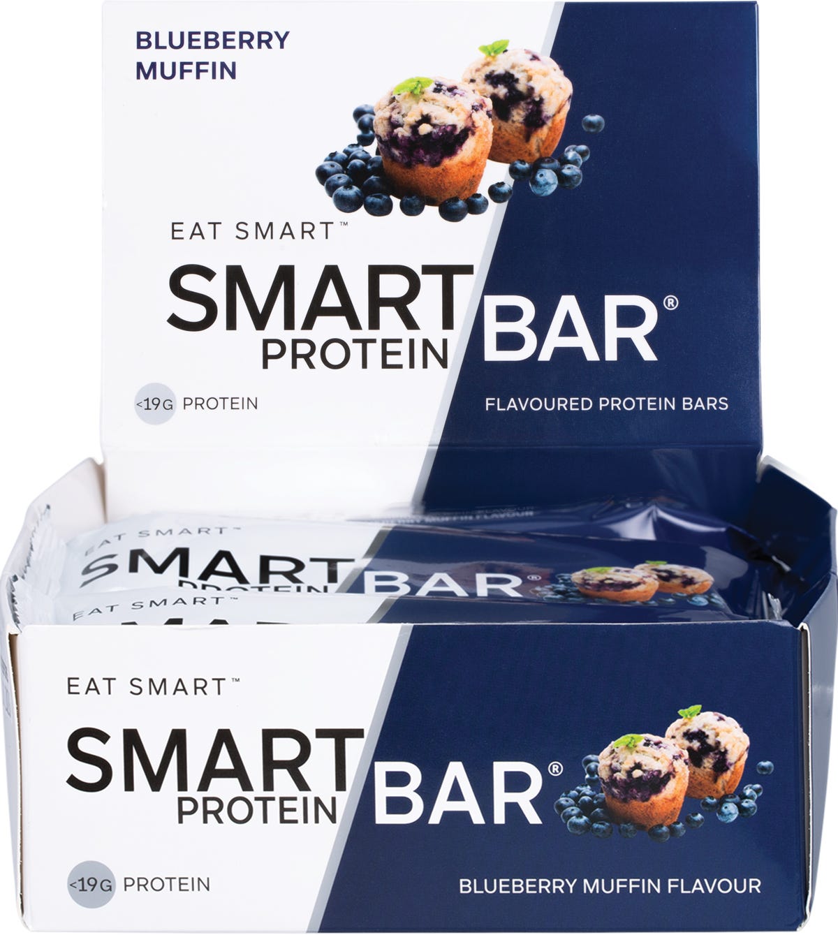 Blueberry Muffin Smart Protein Bar 60g display box with individual blue and white wrappers on a white background.