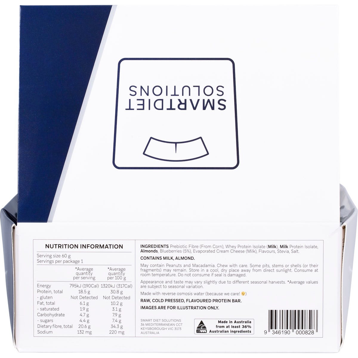 Back of a Smart Protein Bar display box showing nutrition facts, ingredients, and blueberry muffin flavor details.