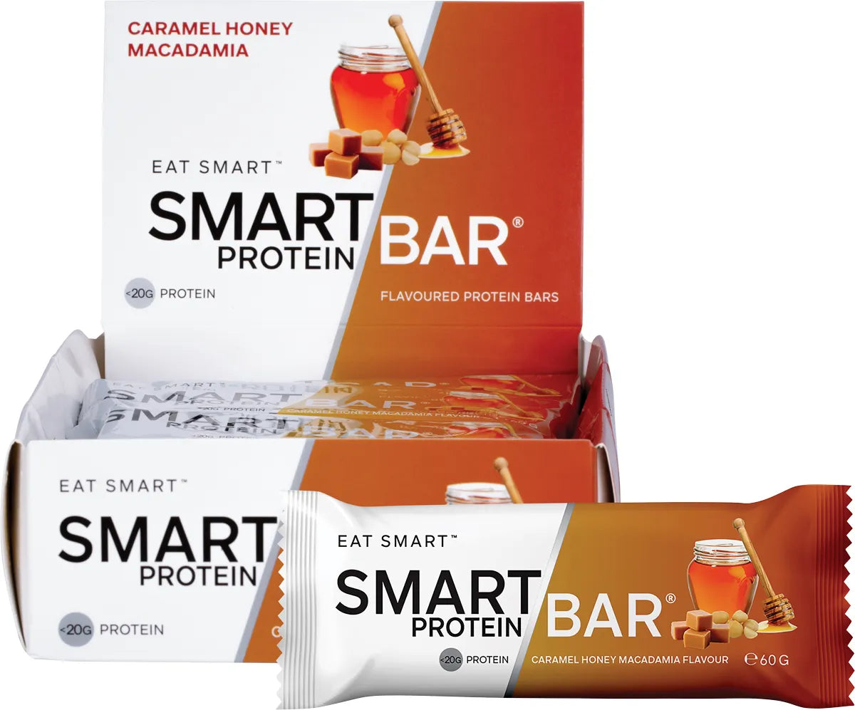 Caramel Honey Macadamia Smart Protein Bar 12-pack box and individual 60g bar with honeycomb and nut illustrations.