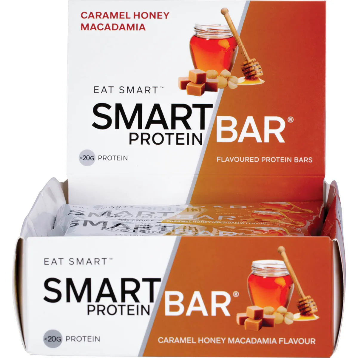 Caramel Honey Macadamia Smart Protein Bar retail display box filled with individual 60g protein bars.