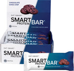 Box of 12 Smart Protein Bars in Chocolate Choc Chip flavor with a single wrapped 60g bar on a white background.