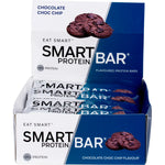 Side view of a Chocolate Choc Chip Smart Protein Bar box showing product features and a 20g protein label.
