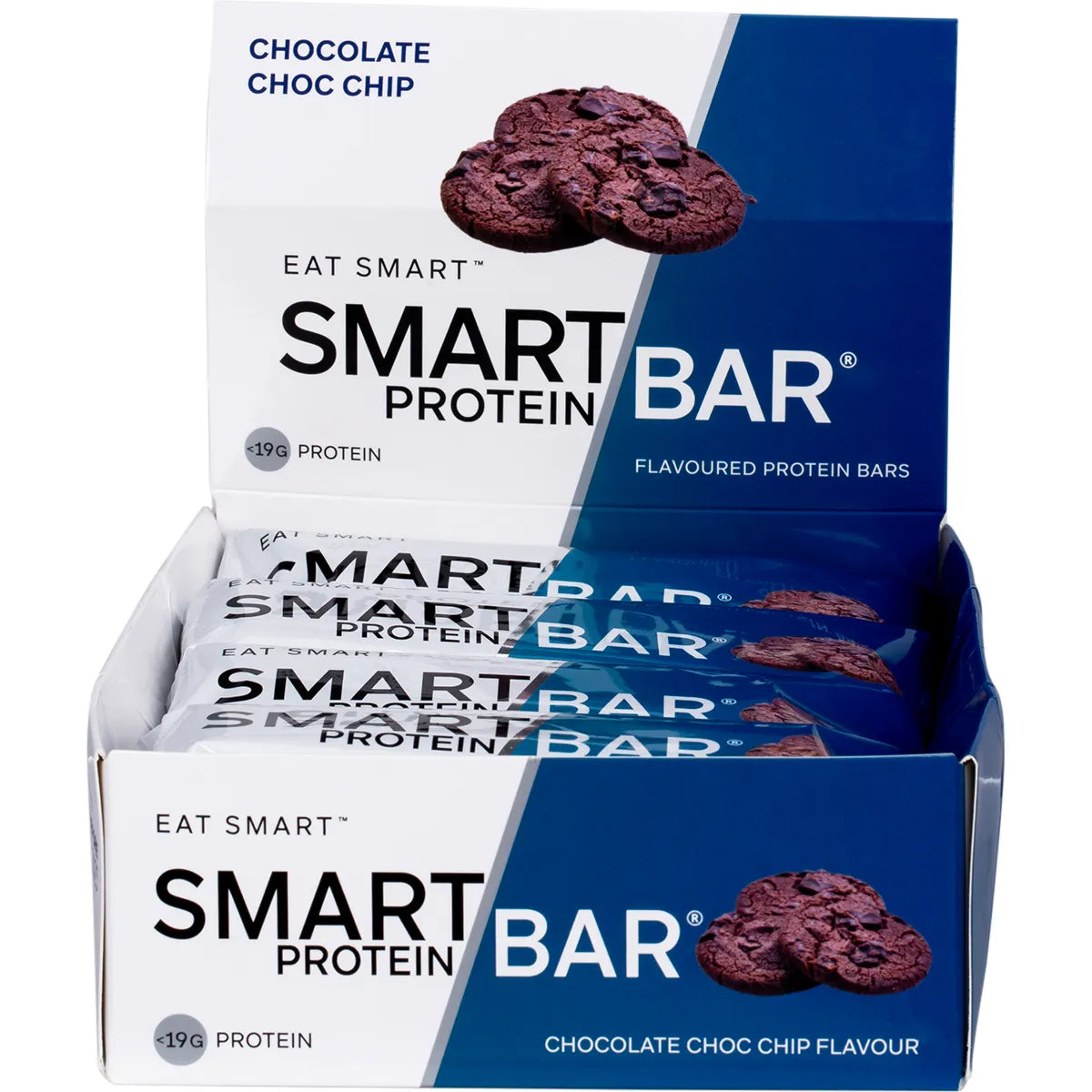 Side view of a Chocolate Choc Chip Smart Protein Bar box showing product features and a 20g protein label.