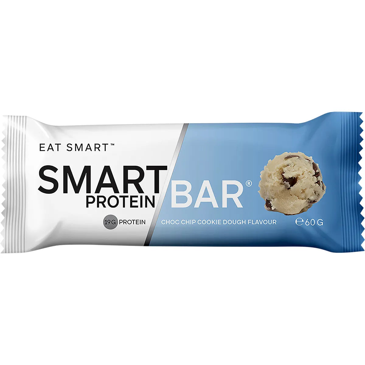 Wrapped 60g Smart Protein Bar in Choc Chip Cookie Dough flavor with chocolate chip illustrations on a white background.
