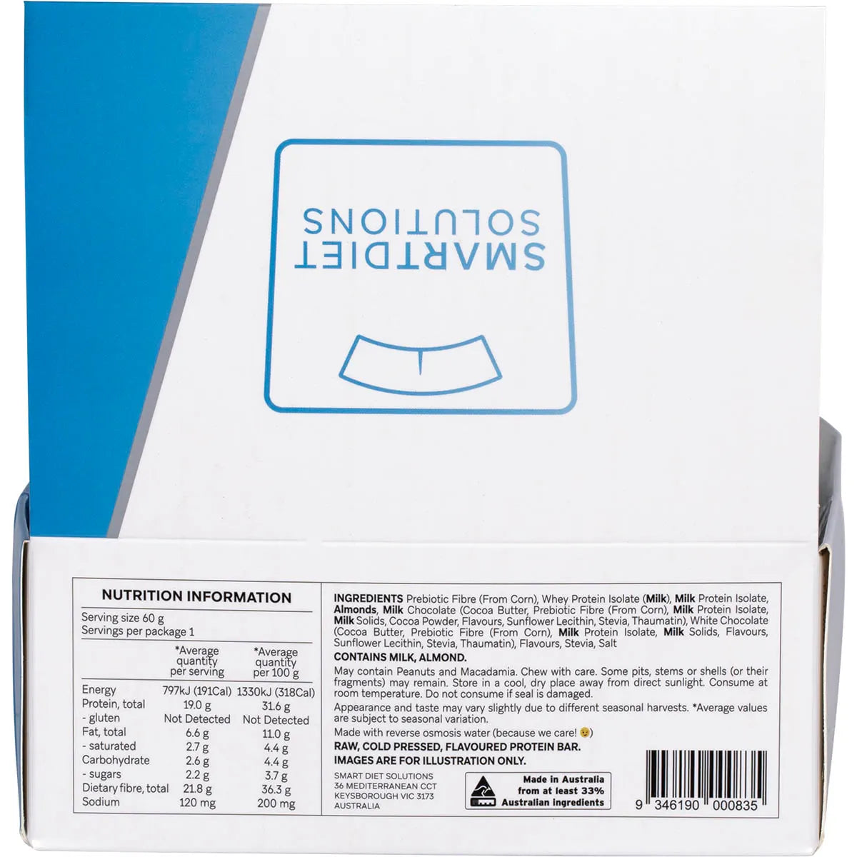 Back of Smart Protein Bar Choc Chip Cookie Dough box showing nutrition facts and ingredients list.