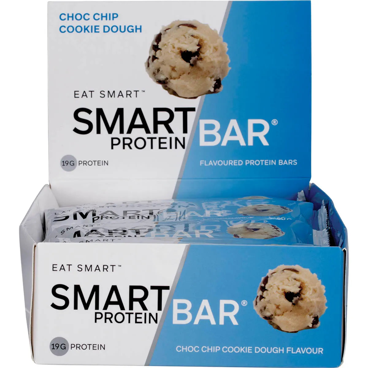 Smart Protein Bar Choc Chip Cookie Dough display box with 12 protein bars on a white background.