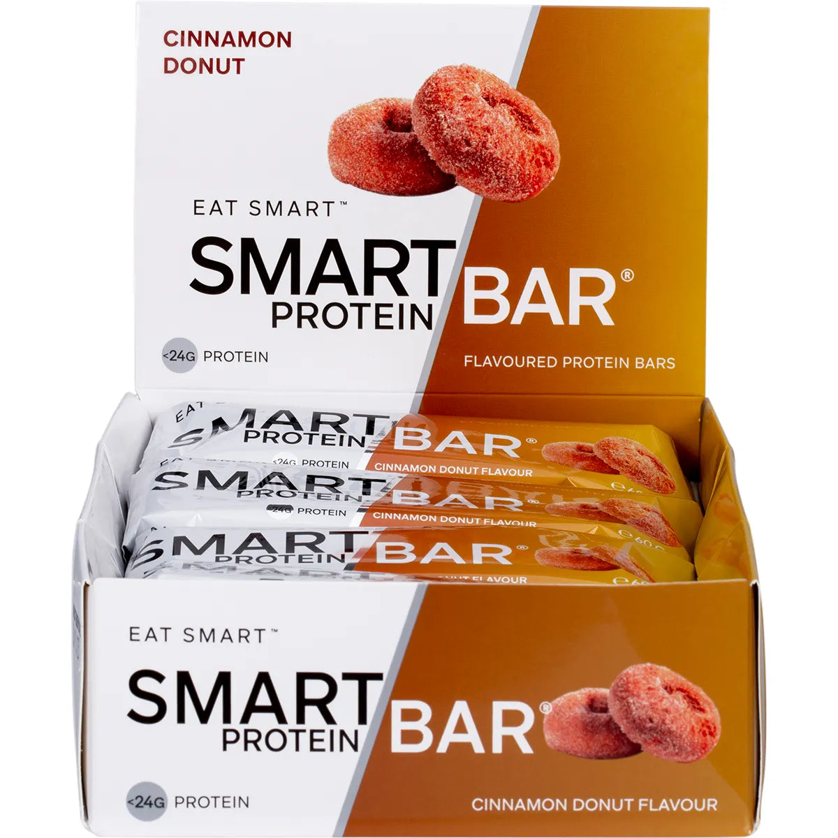 Side view of a 12pack box of Smart Protein Bar Cinnamon Donut showing a bar and a pile of cinnamon sugar.