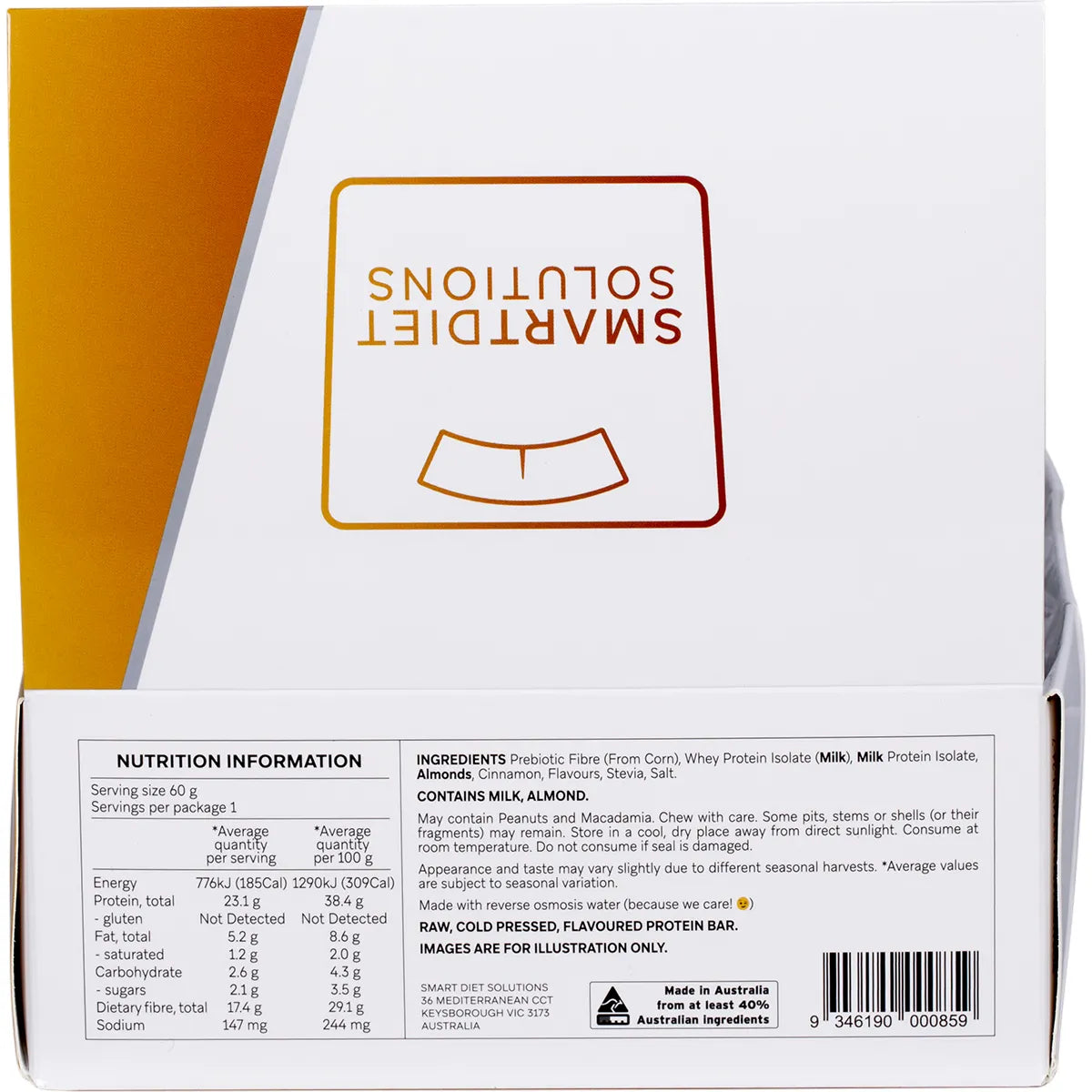 Back of Smart Protein Bar Cinnamon Donut 12-pack box with nutrition facts, ingredients, and storage instructions.