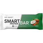 Wrapped 60g Coconut Smart Protein Bar in a white and blue wrapper on a white background.