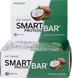 Side view of a Coconut Smart Protein Bar display box showing nutritional benefits and a blue coconut-themed design.