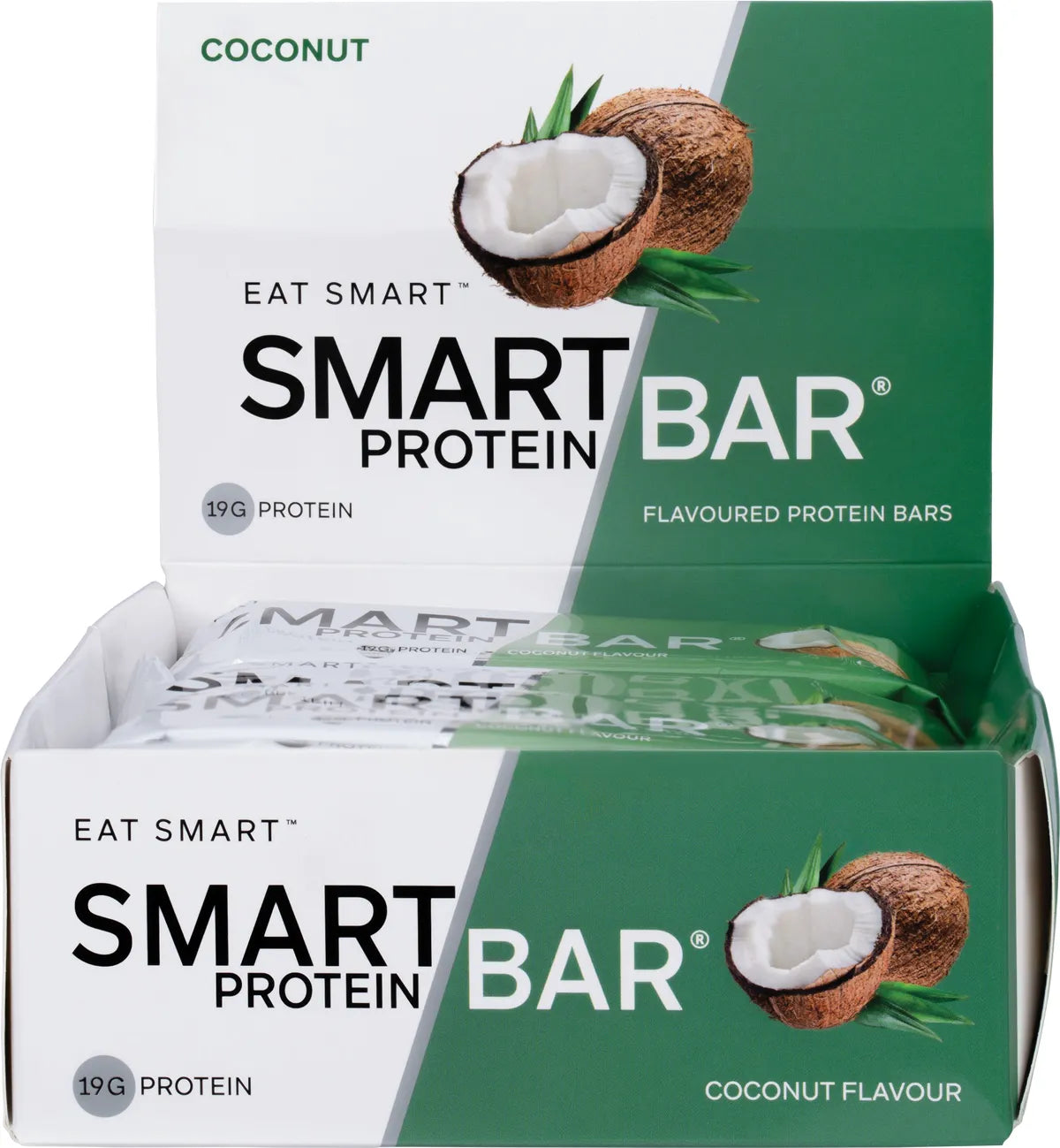 Side view of a Coconut Smart Protein Bar display box showing nutritional benefits and a blue coconut-themed design.