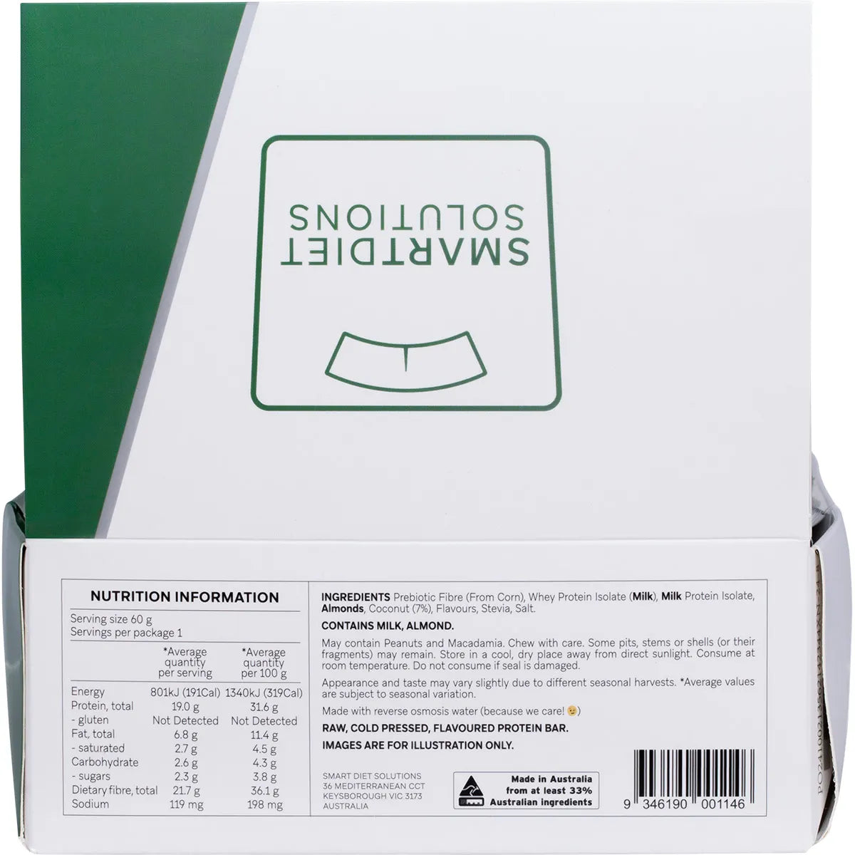 Back of Coconut Smart Protein Bar box with nutrition facts, ingredients, and storage instructions.