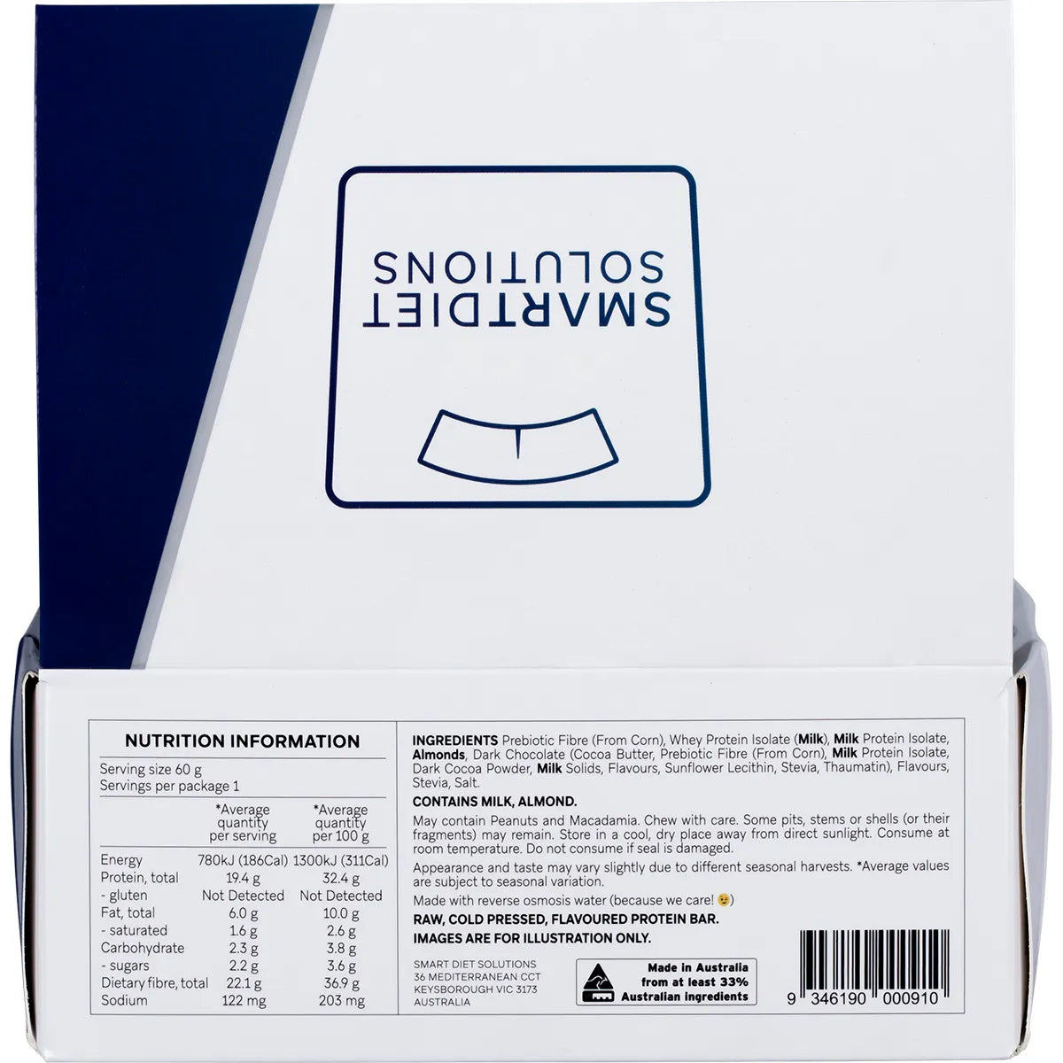Back of Smart Protein Bar Cookies and Cream 12-pack box showing nutrition facts, ingredients, and Australian-made logo.