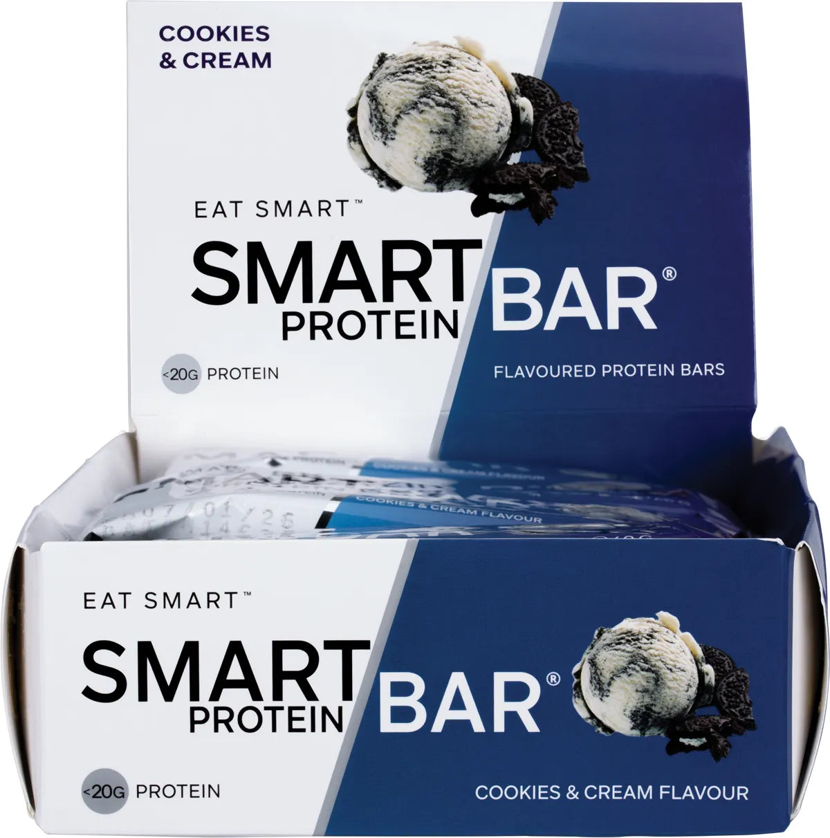 Open retail display box filled with individually wrapped Cookies & Cream Smart Protein Bars.