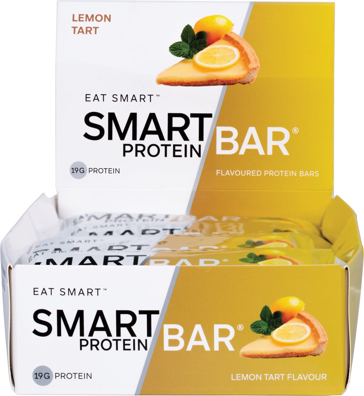 A 12-pack display box of Smart Protein Bar Lemon Tart flavour protein bars on a white background.