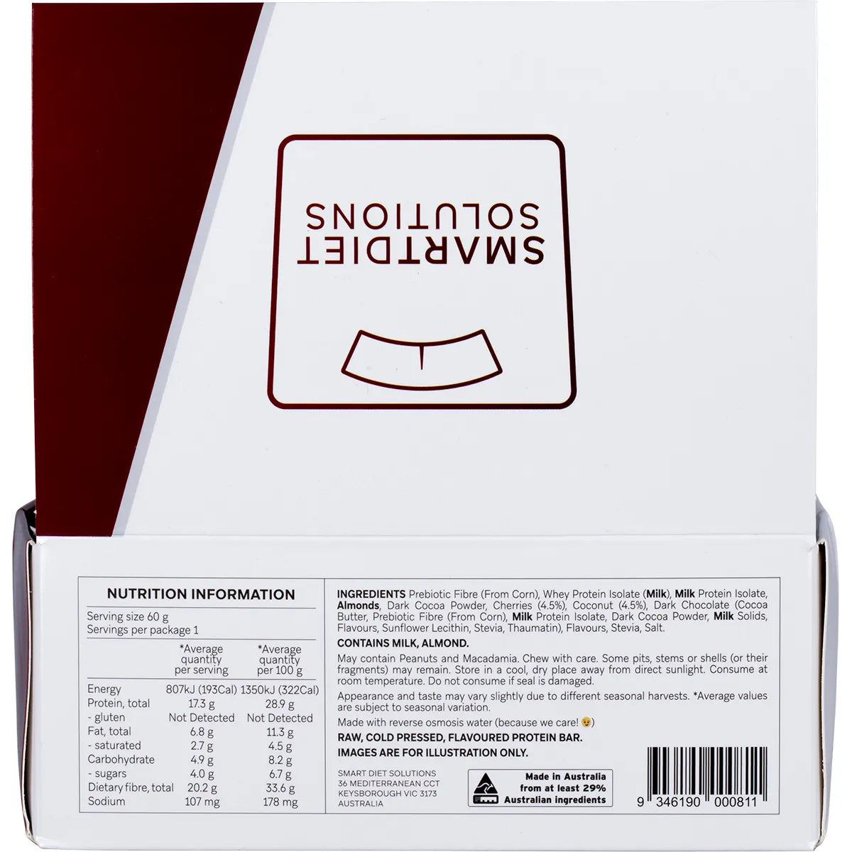 Back of a Smart Protein Bar box showing nutrition facts, ingredients, and Australian made and owned logos.
