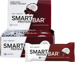 Dark Choc Cherry Coconut Smart Protein Bar and a 12-pack box with cherry and coconut illustrations.