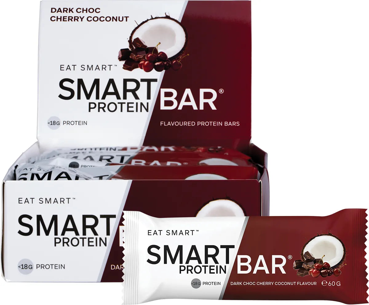Dark Choc Cherry Coconut Smart Protein Bar and a 12-pack box with cherry and coconut illustrations.