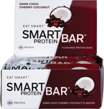 Retail display box of Dark Choc Cherry Coconut Smart Protein Bars with illustrations of cherries and coconut.