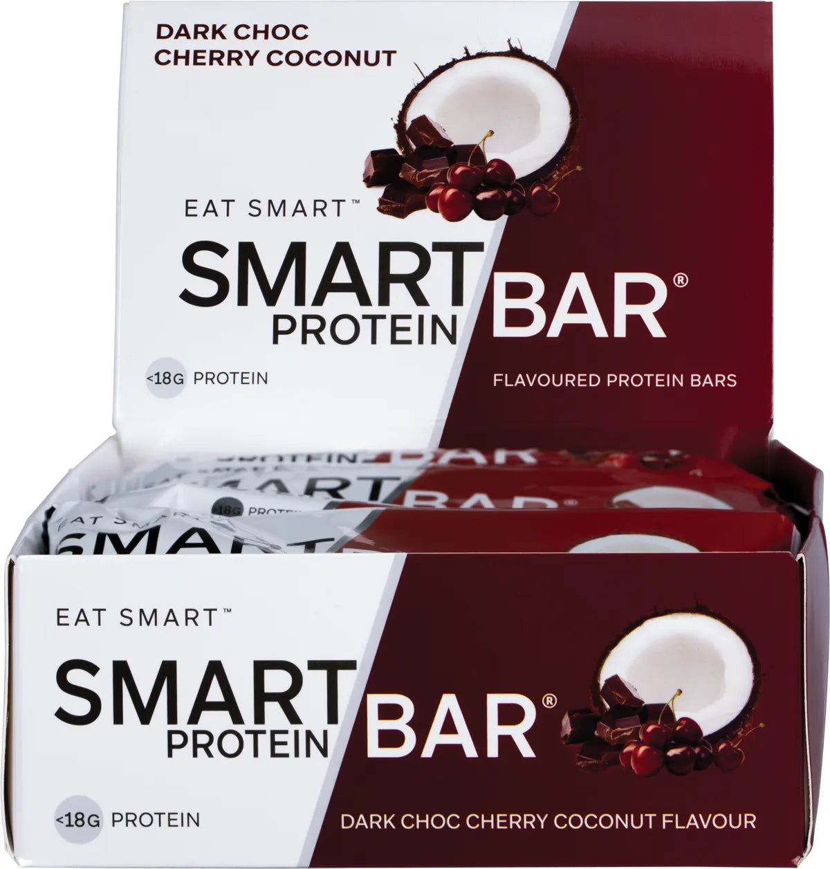 Retail display box of Dark Choc Cherry Coconut Smart Protein Bars with illustrations of cherries and coconut.