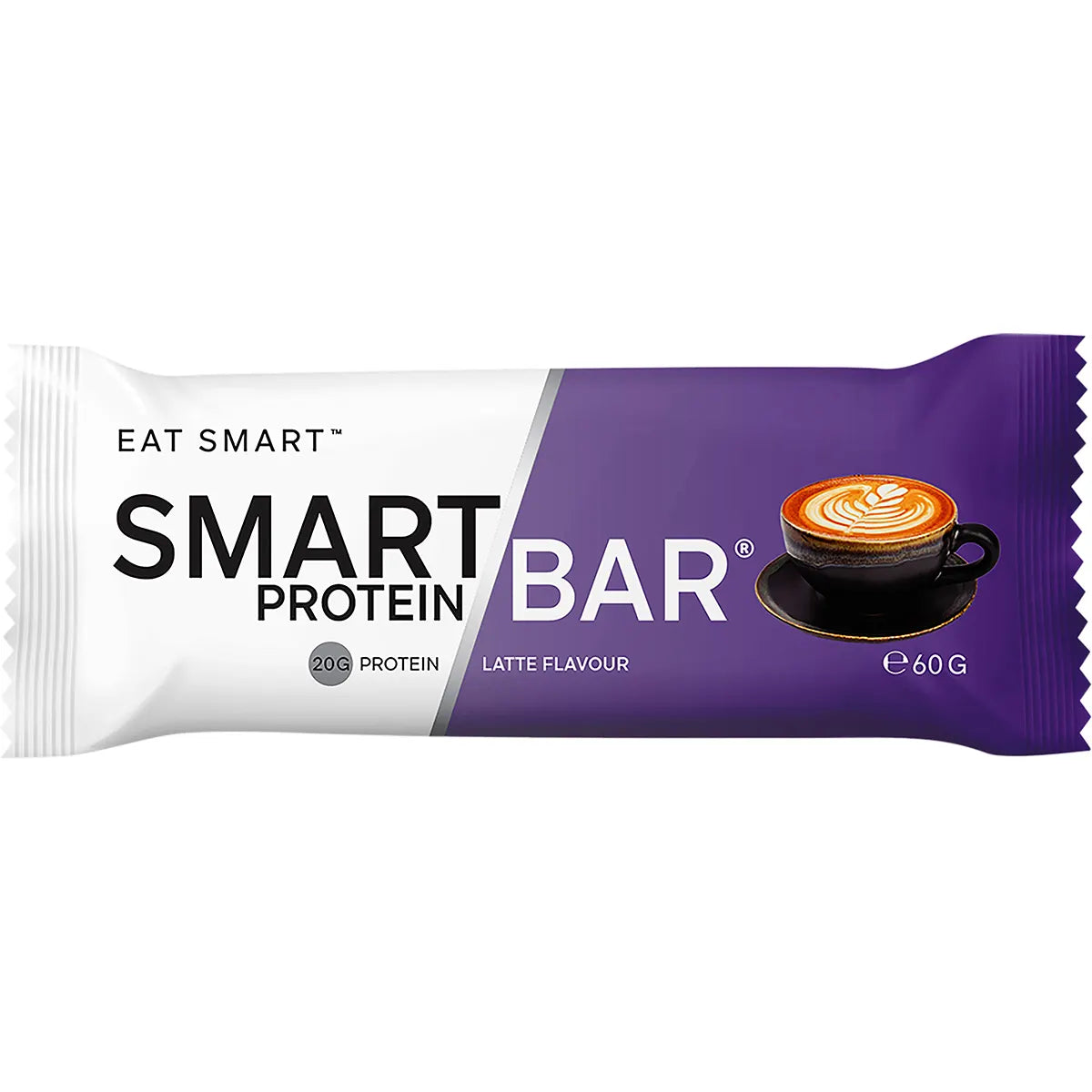 Smart Protein Bar Latte Flavour 60g bar in a brown wrapper with coffee bean and milk illustrations.