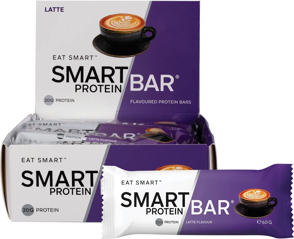 Smart Protein Bar Latte 60g bar and display box of 12 against a white background.