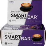Box of 12 Smart Protein Bar Latte bars with a single 60g bar displayed in front against a white background.