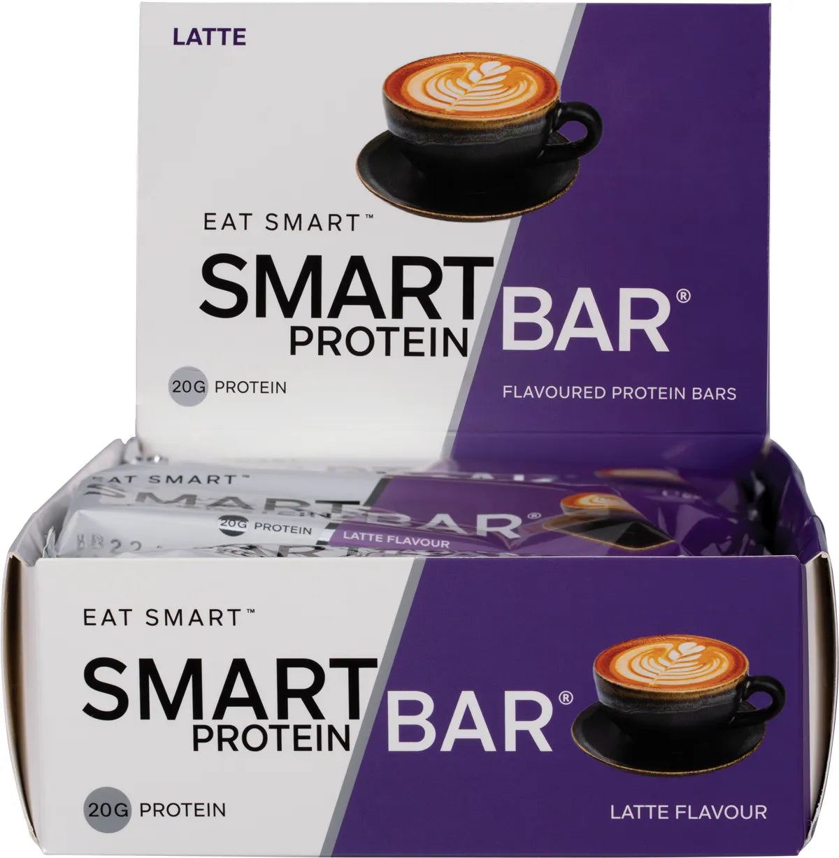 Box of 12 Smart Protein Bar Latte bars with a single 60g bar displayed in front against a white background.