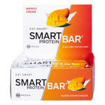 Mango Cream Smart Protein Bar 12-pack display box featuring mango and cream illustrations on a yellow and white background.