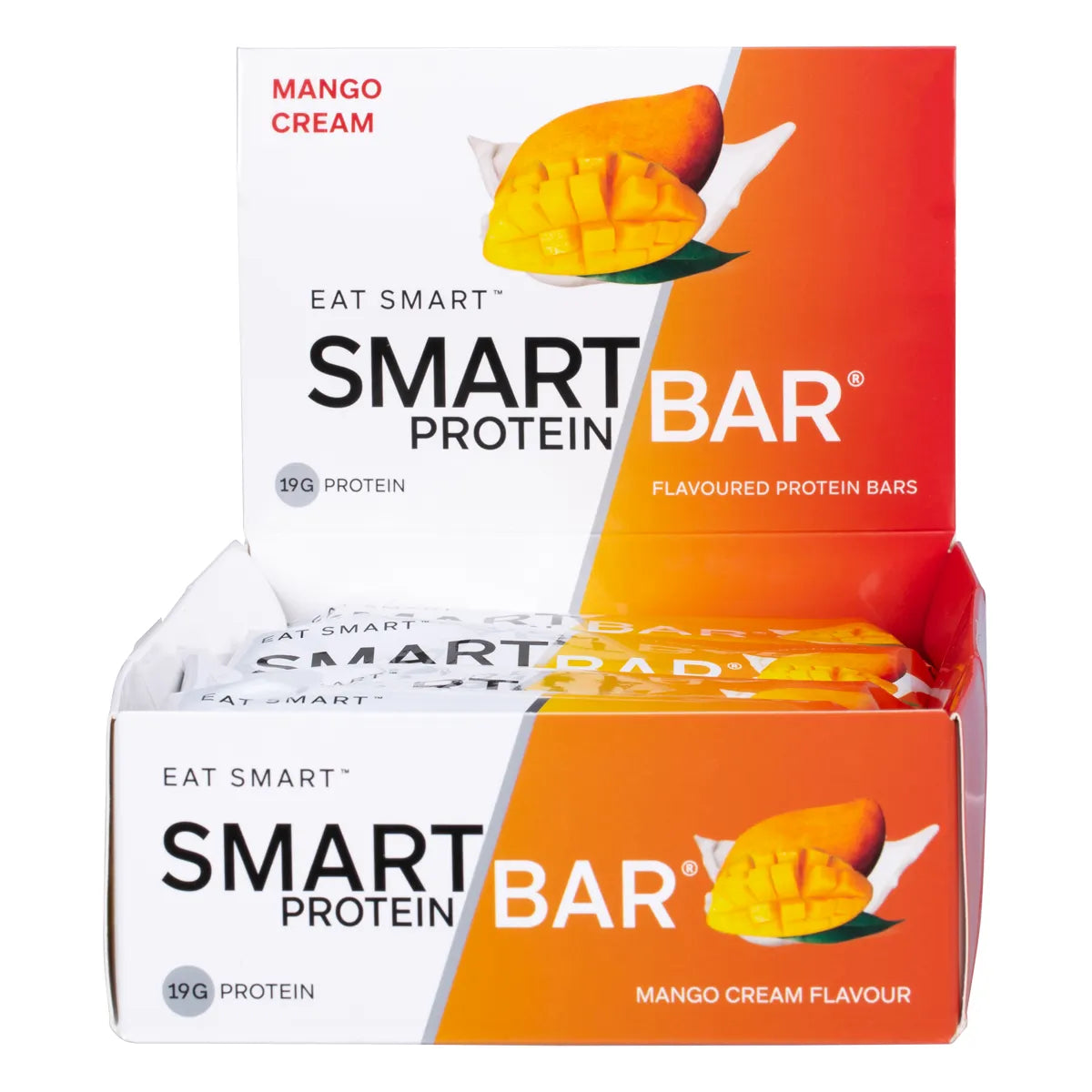 Mango Cream Smart Protein Bar 12-pack display box featuring mango and cream illustrations on a yellow and white background.