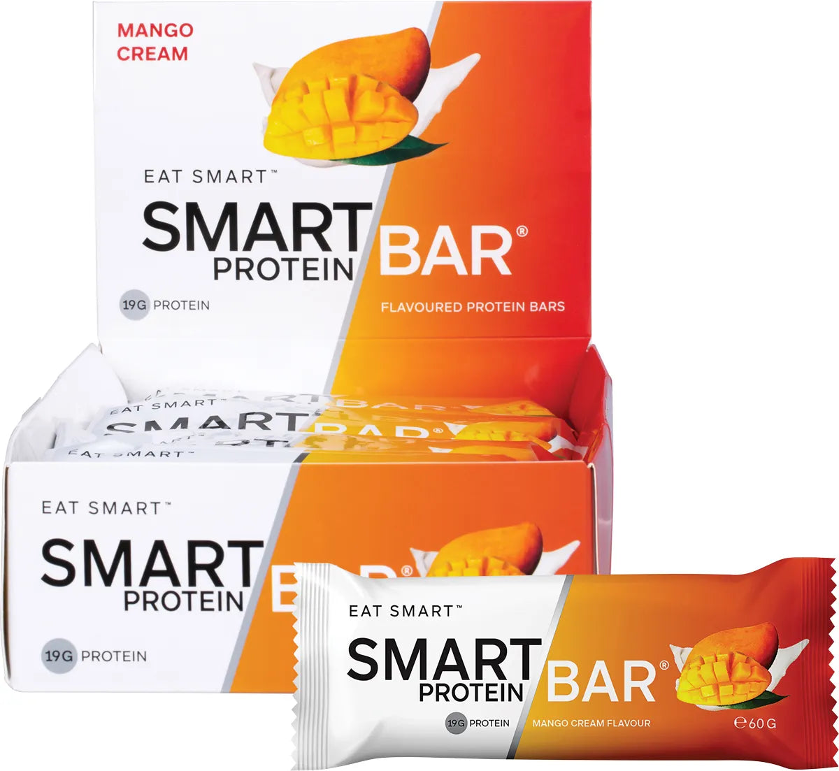 Mango Cream Smart Protein Bar 60g pack of 12 with mango and cream illustrations on a white background.