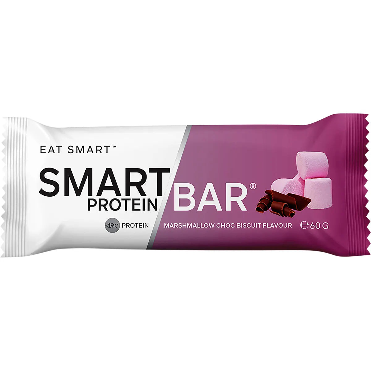 Unwrapped 60g Marshmallow Choc Biscuit Smart Protein Bar showing a soft nougat texture with chocolate chunks.