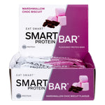 Box of 12 Marshmallow Choc Biscuit Smart Protein Bars featuring a blue and white design with chocolate illustrations.