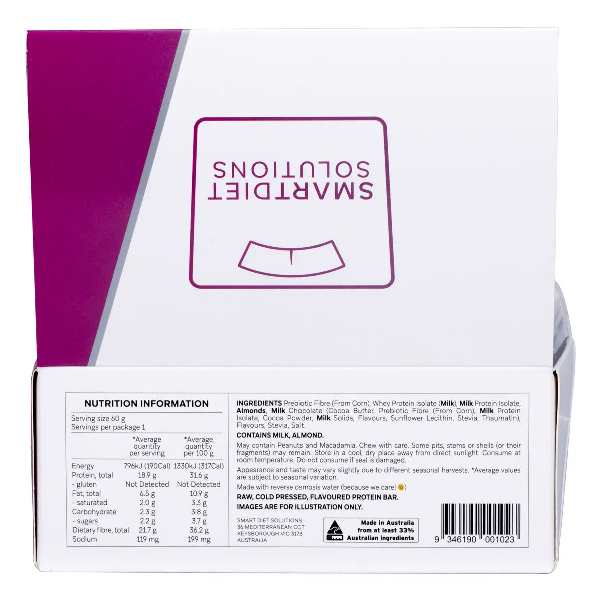 Back of a Smart Protein Bar box with nutrition facts, ingredients, and key features for Marshmallow Choc Biscuit flavor.