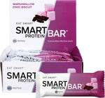 Marshmallow Choc Biscuit Smart Protein Bar 60g 12-pack with unwrapped bar and chocolate chunks.