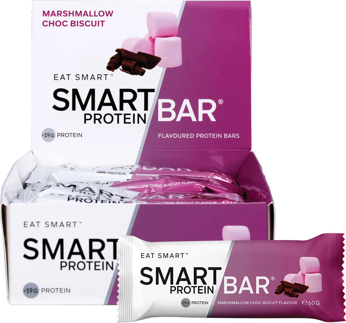 Marshmallow Choc Biscuit Smart Protein Bar 60g 12-pack with unwrapped bar and chocolate chunks.