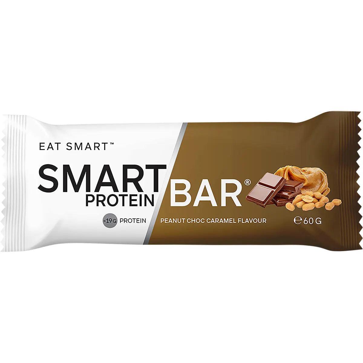 Smart Protein Bar Peanut Choc Caramel 60g in an orange and brown wrapper on a white background.
