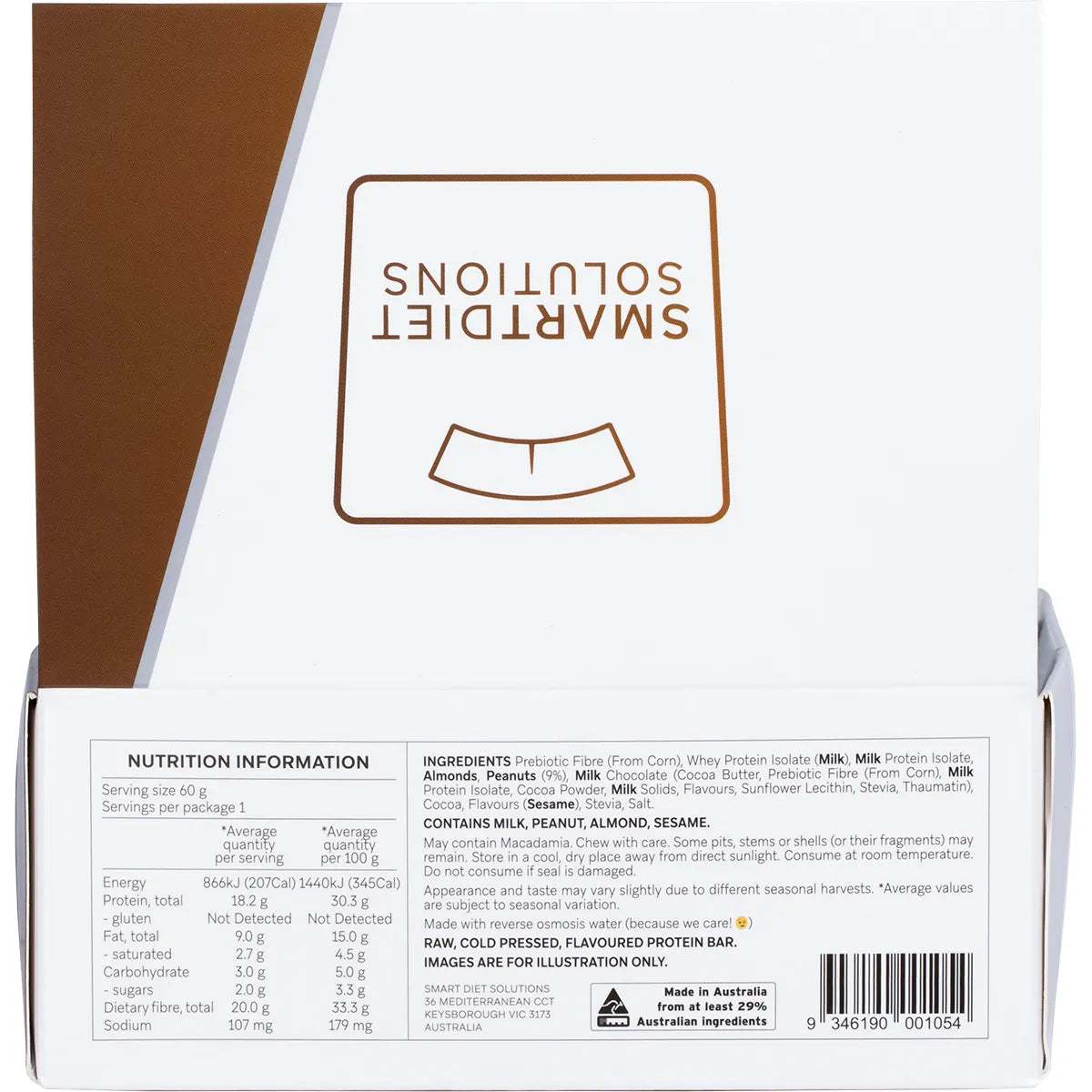 Back of Smart Protein Bar Peanut Choc Caramel 12-pack box with nutrition facts and ingredient list.