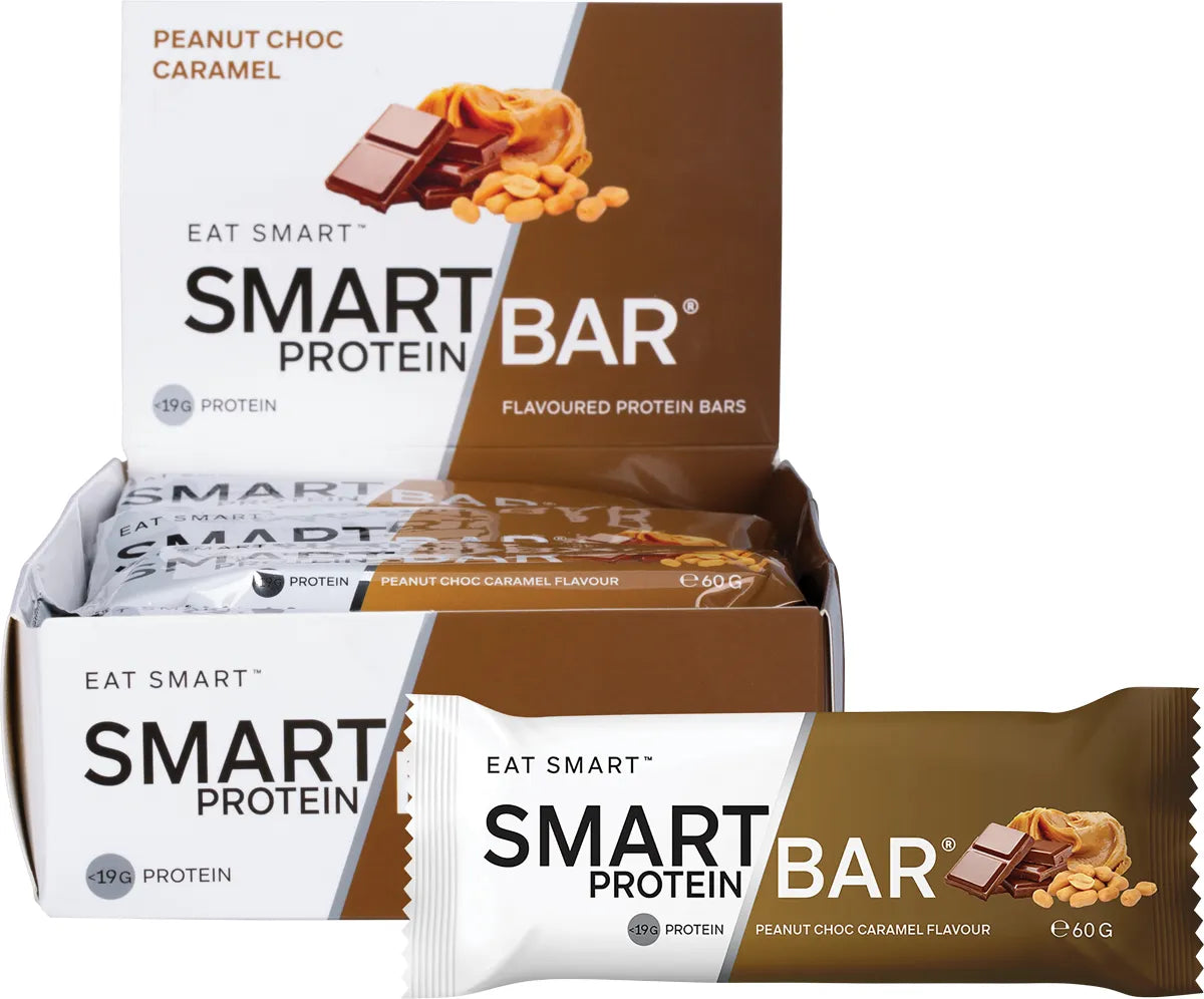 Peanut Choc Caramel Smart Protein Bar 12-pack box with an individual 60g bar and loose peanuts on a white background.