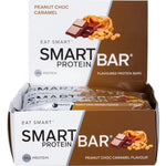 Retail display box of Peanut Choc Caramel Smart Protein Bars containing 12 individual 60g wrappers.
