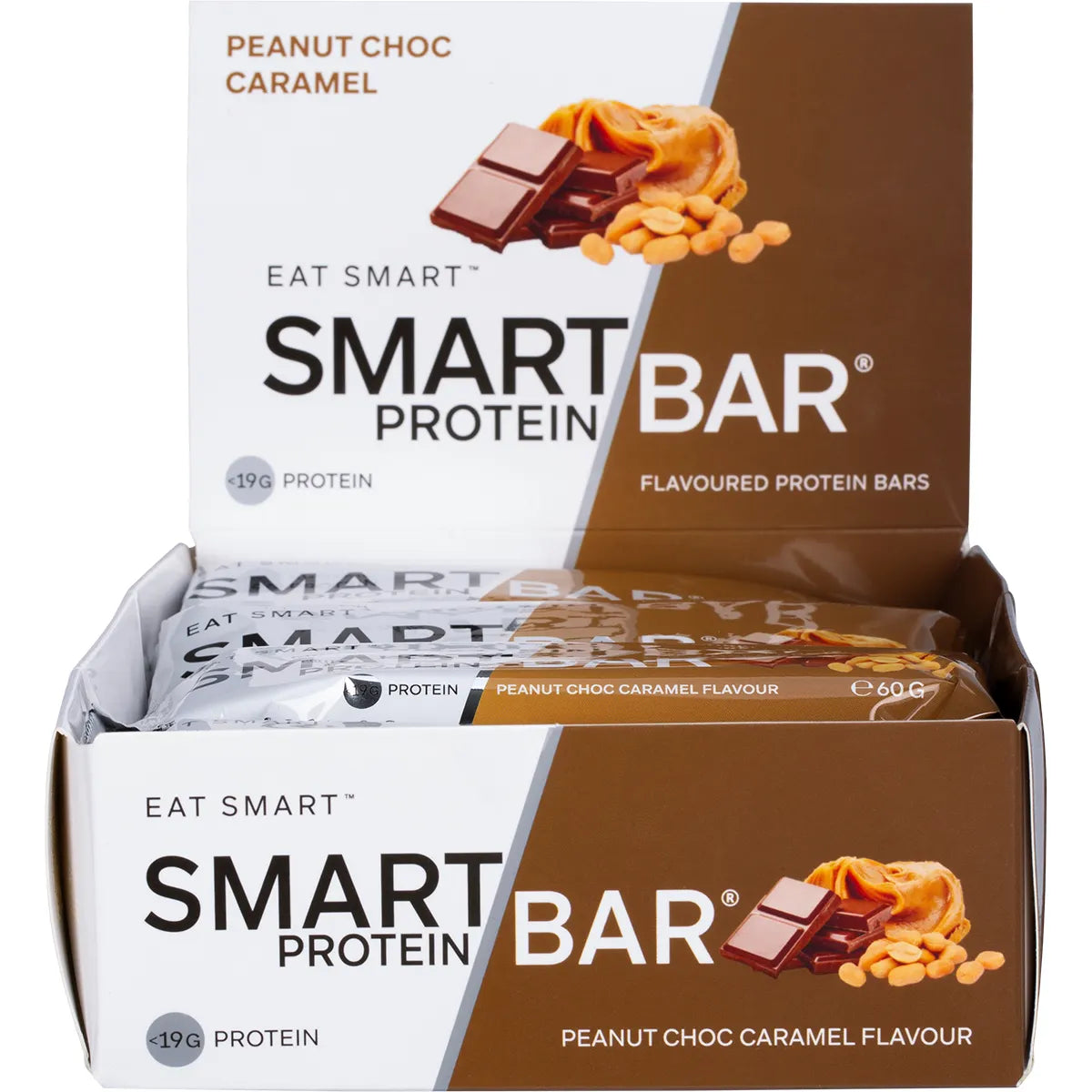Retail display box of Peanut Choc Caramel Smart Protein Bars containing 12 individual 60g wrappers.