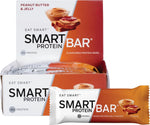 Smart Protein Bar Peanut Butter and Jelly 12-pack box with an unwrapped 60g bar showing a thick, chewy texture.