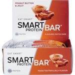 Smart Protein Bar Peanut Butter & Jelly 12-pack display box with individual bars on a white background.
