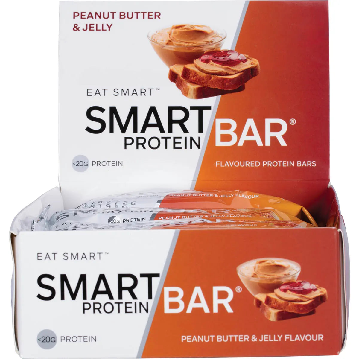 Smart Protein Bar Peanut Butter & Jelly 12-pack display box with individual bars on a white background.