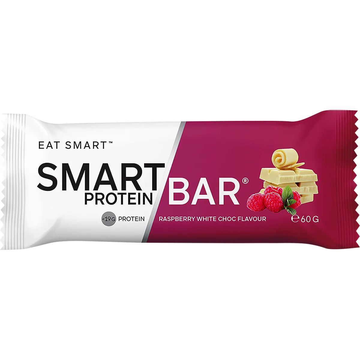 Wrapped 60g Raspberry White Chocolate Smart Protein Bar in a pink and white wrapper on a white background.