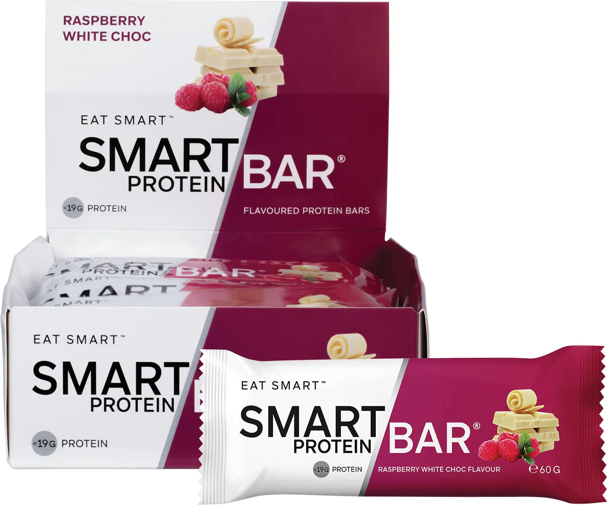Raspberry White Chocolate Smart Protein Bar 12-pack box and single bar with real raspberry and white chocolate chunks.
