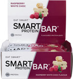 Side view of a pink Raspberry White Chocolate Smart Protein Bar box showing product benefits and nutrition highlights.