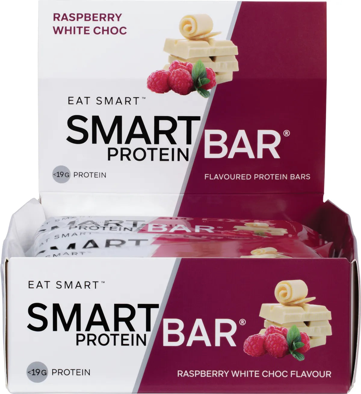 Side view of a pink Raspberry White Chocolate Smart Protein Bar box showing product benefits and nutrition highlights.